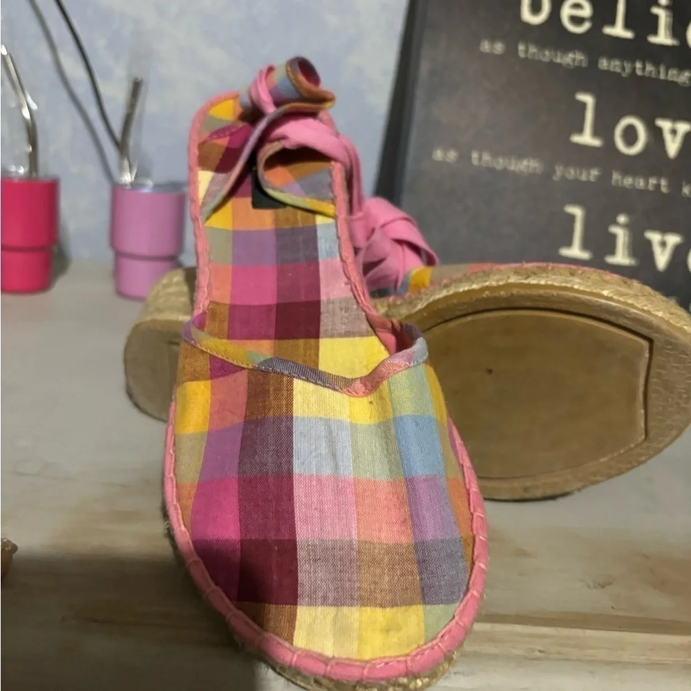 🩷Free🩷Pink plaid wedge sandals lace up leg size 8 - Picture 8 of 8